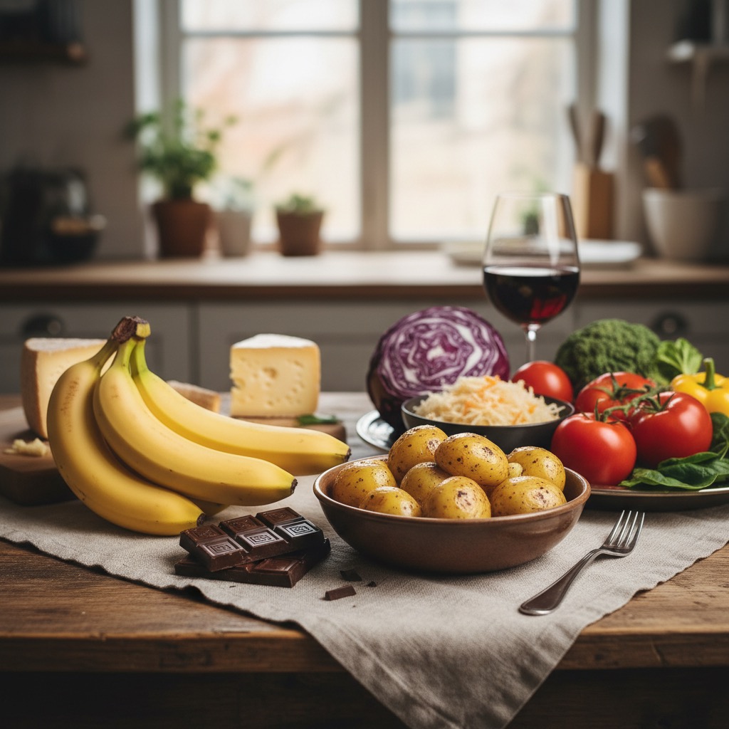 A rustic wooden table in a brightly lit kitchen displays a scattered arrangement of foods including bananas, small potatoes, cheese, chocolate, tomatoes, and a glass of red wine.